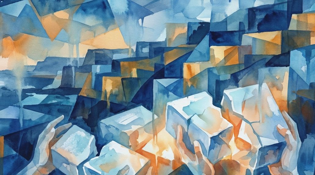 Hands hold glowing pieces of broken clay in this watercolor painting in deep blues and oranges.