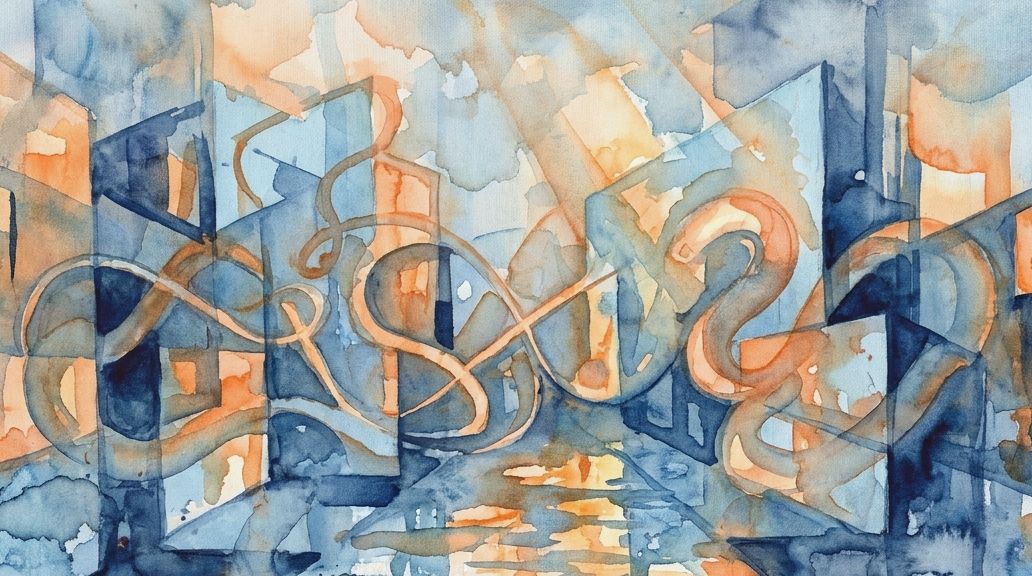 A watercolor painting in blues and oranges shows a flowing, S-shaped ribbon linking abstract forms.