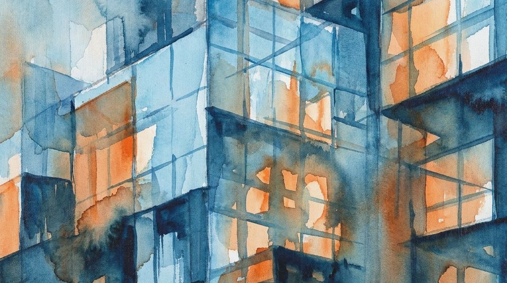 Deep blue and burnt orange watercolor washes evoke faded, ghostly structures like forgotten words.