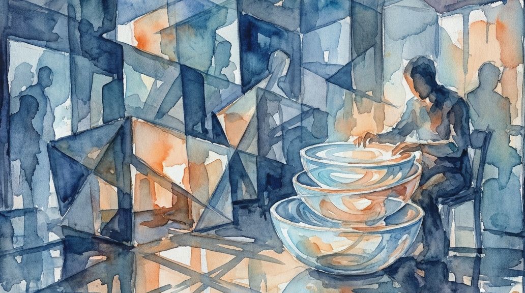 A watercolor painting in blue and orange washes shows a musician playing a glass armonica.