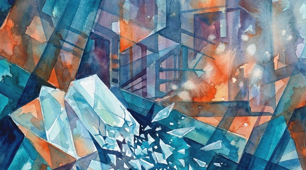 Watercolor shows a blue glass structure shattering into chaotic fragments against deep orange hues.