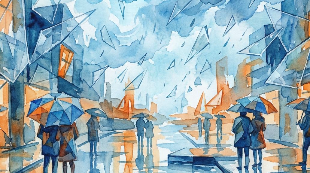 A watercolor scene in blues and oranges shows an exoplanet city with falling glass shards and rain.