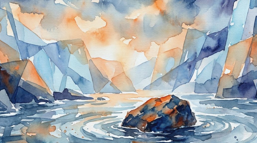 A watercolor in blues and oranges shows a self-righting gomboc rock with ripples in water.