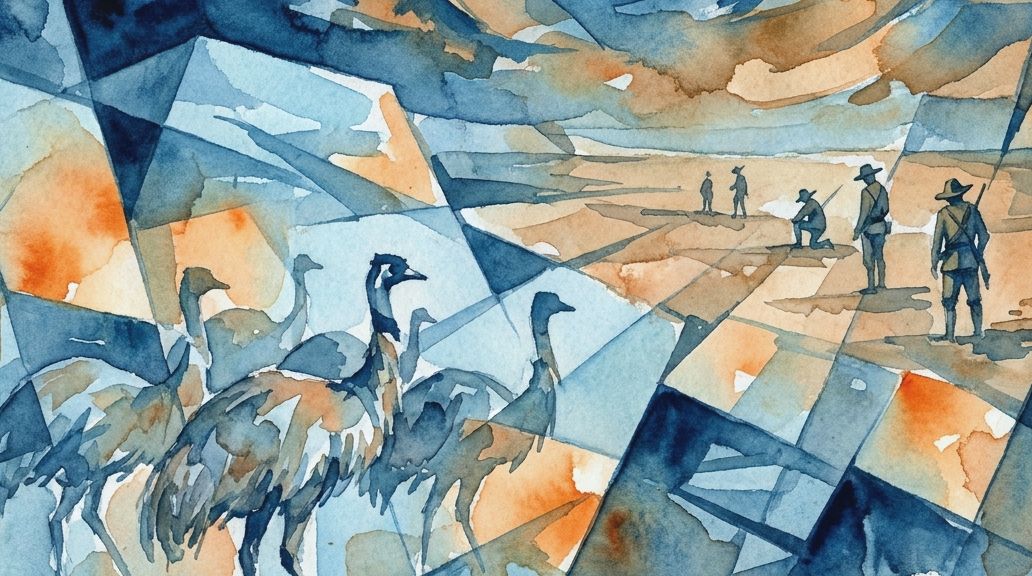 A fractured watercolor in blues and oranges shows emus and soldiers during the Great Emu War.