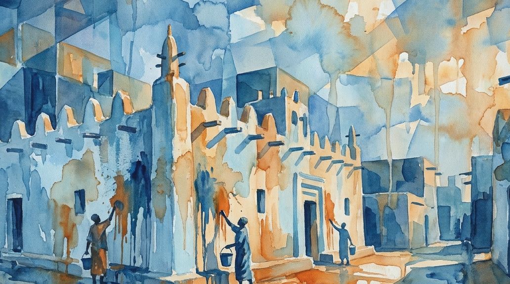 A fluid watercolor in blue and orange shows workers plastering the Great Mosque of Djenn.