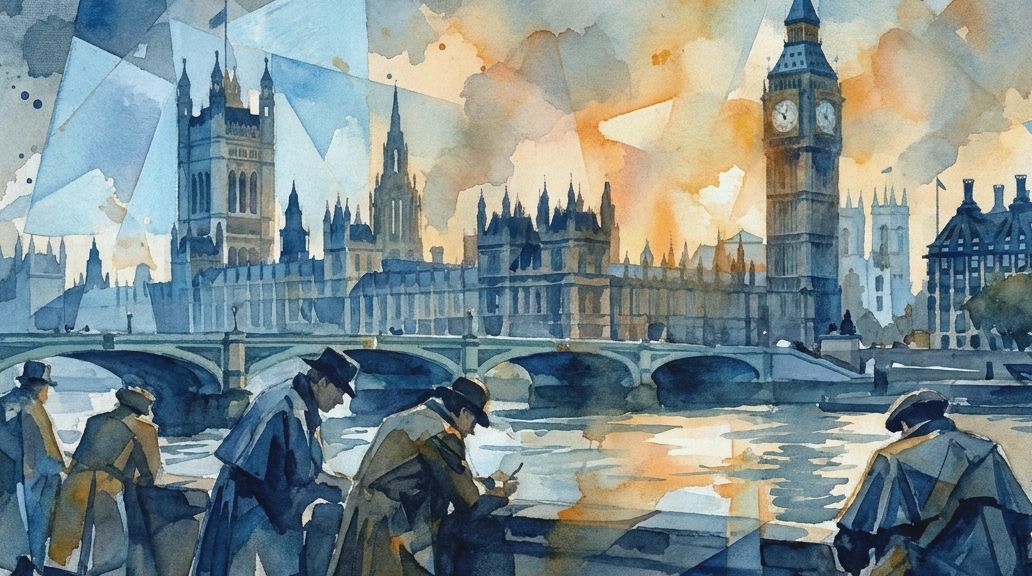 Watercolor of men looking over the Thames at Parliament, relevant to London's Great Stink.