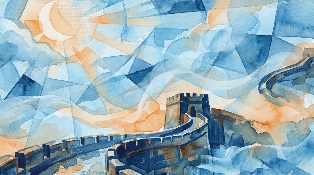A watercolor painting in blues and oranges shows the Great Wall and abstract shapes in the sky.