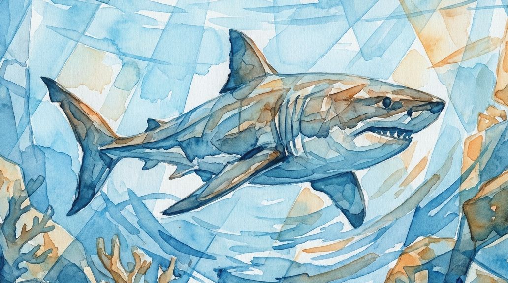 A watercolor artwork with a fractured style shows a large shark in blue and orange tones.