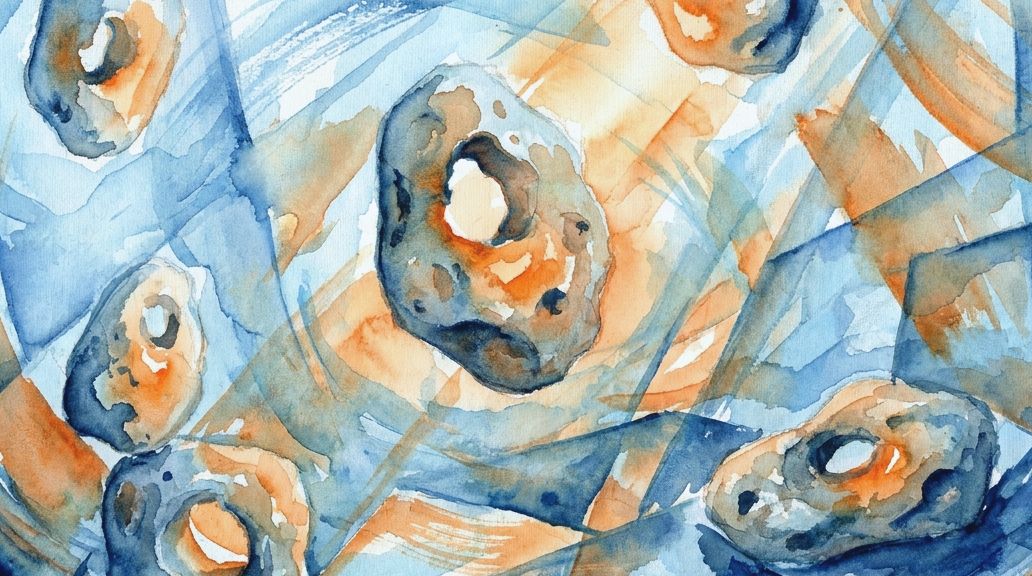 A watercolor painting of several hag stone amulets in swirling deep blues and orange hues.