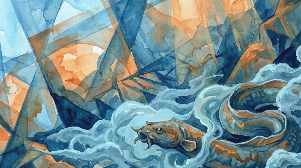 A watercolor shows a hagfish in a slime knot against abstract deep blue and orange hues.