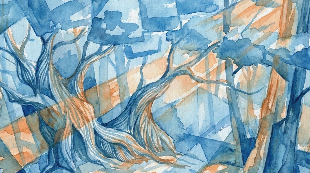 Blue and orange watercolor planes show a gnarled forest floor, a habitat for hair ice.