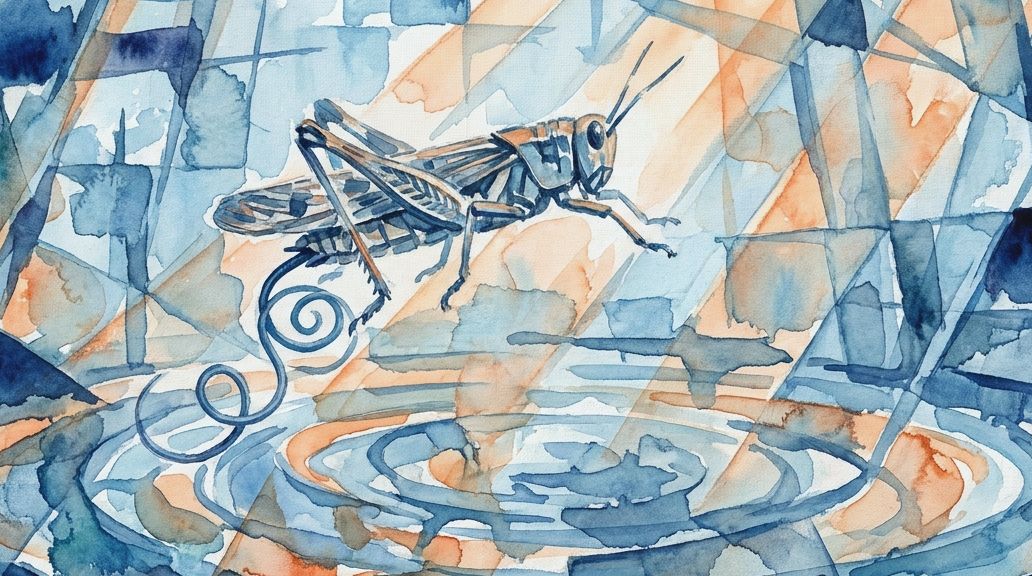 A blue and orange watercolor painting shows a hairworm emerging from a grasshopper into rippling.
