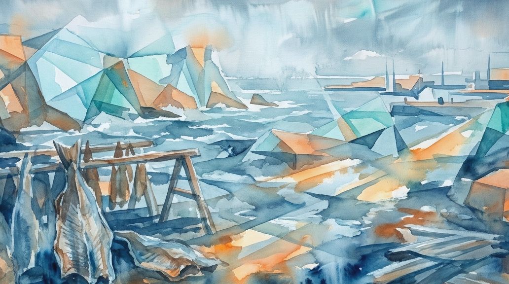 Watercolor painting in blues and oranges shows drying hkarl on racks by the sea.
