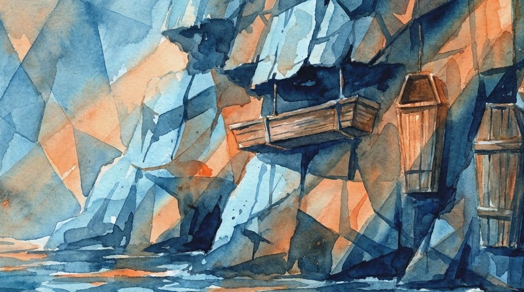 A watercolor painting shows wooden coffins hanging on a cliff face in blues and oranges.