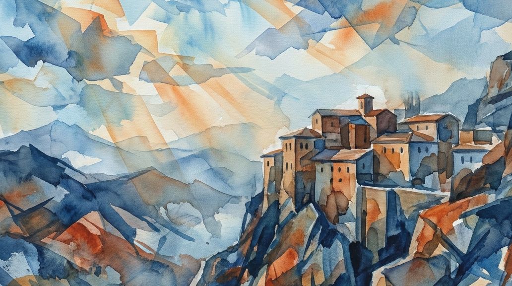 A watercolor painting shows a hanging monastery on a cliff, rendered in fragmented blues and.