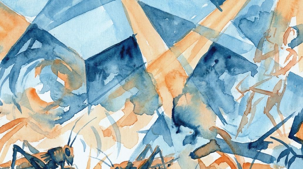 A watercolor painting shows crickets in blue and orange under mysterious abstract energy rays.