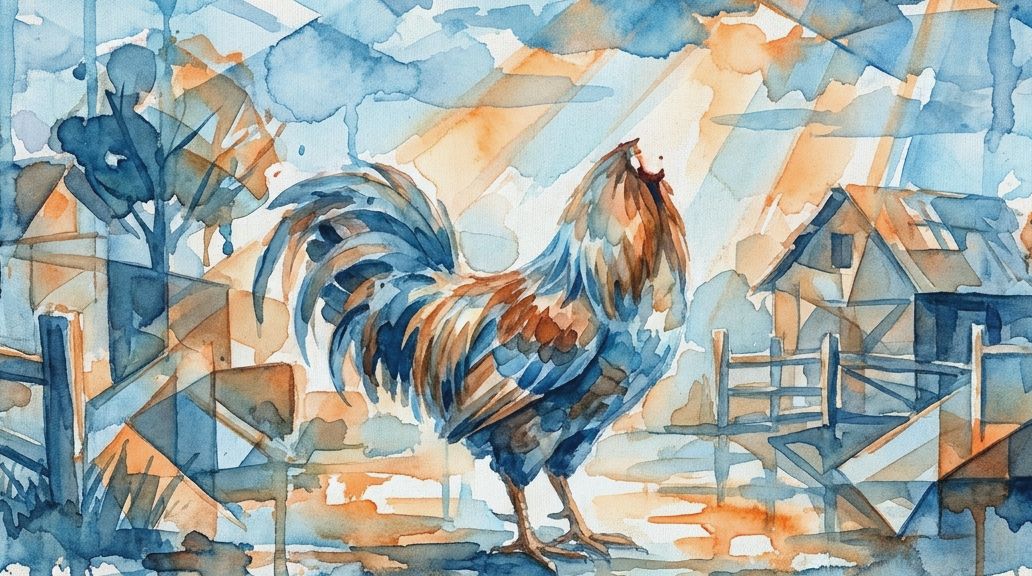 A watercolor painting shows a headless rooster in a farm scene with blue and orange washes.