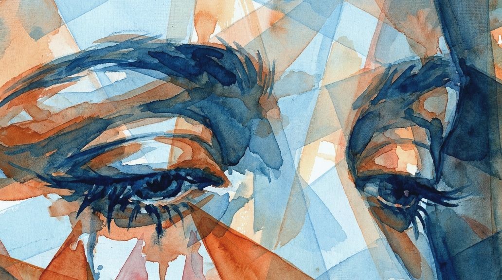 A watercolor artwork depicts eyes with blood-like reddish-orange tears, in deep blues and warm.