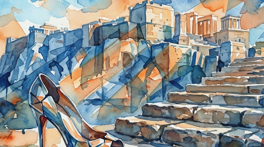 A watercolor painting of a high heel and Greek ruins in fragmented blues and oranges.