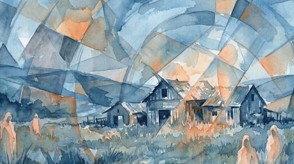 A watercolor of a farm and hooded figures in blues and oranges, evoking the Hinterkaifeck site.