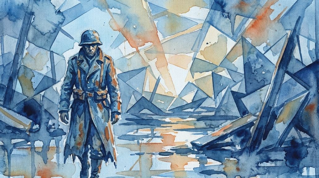 A watercolor of a lone soldier in blues and oranges walking through a war-torn landscape.