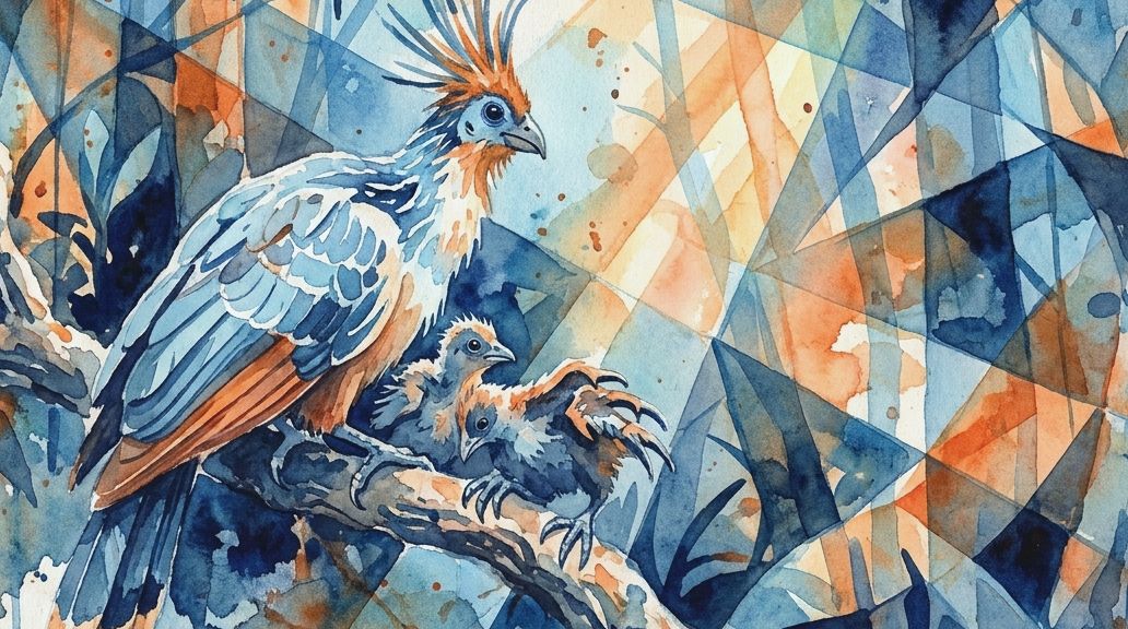 A watercolor painting in blues and oranges shows a Hoatzin bird and two chicks with visible wing.