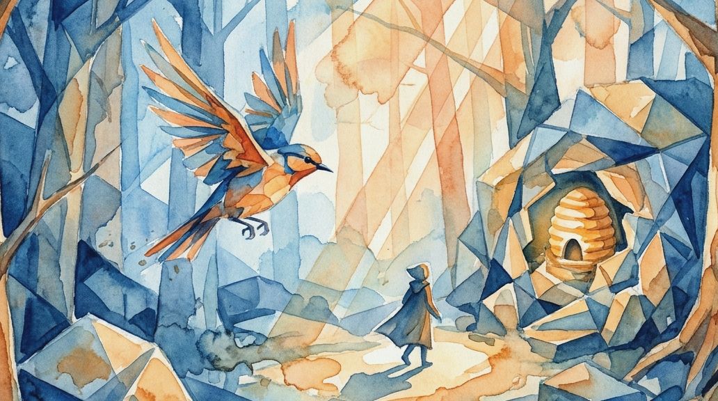 A watercolor in blues and oranges shows a honeyguide bird leading a figure to a beehive in a cave.