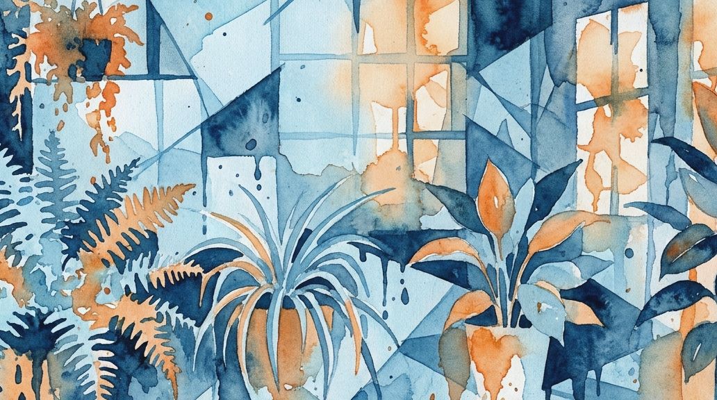A watercolor of houseplants in blues and oranges, visually exploring the myth of air purification.