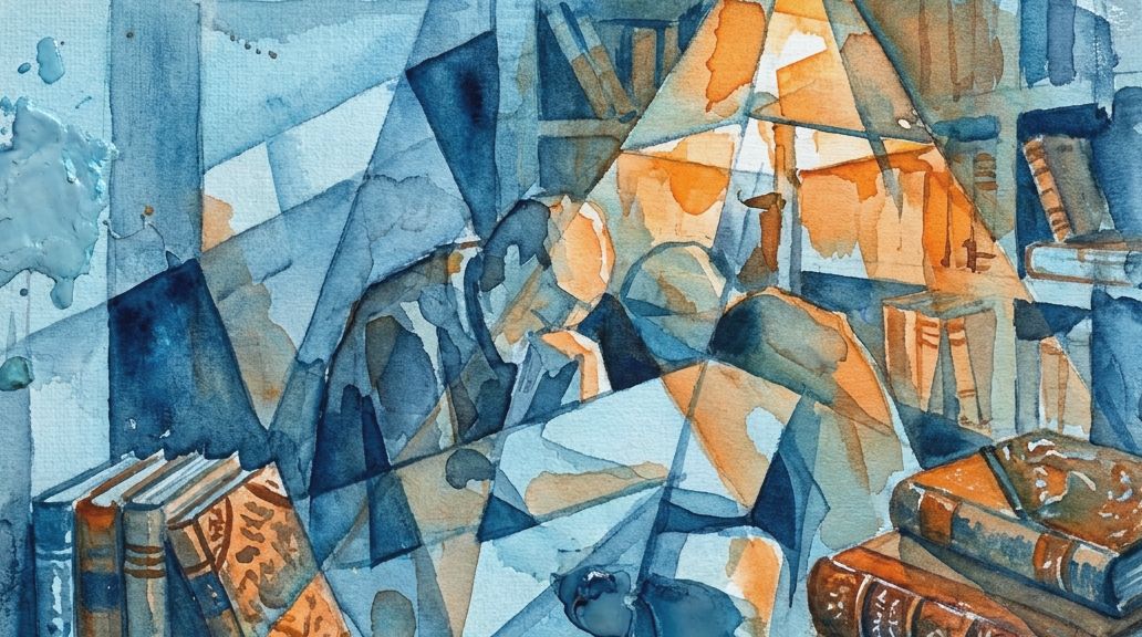 A figure pores over macabre, skin-bound volumes in a fractured blue and orange watercolor painting.