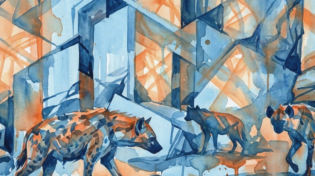 A blue and orange watercolor painting depicts three spotted hyenas, known for the pseudopenis.