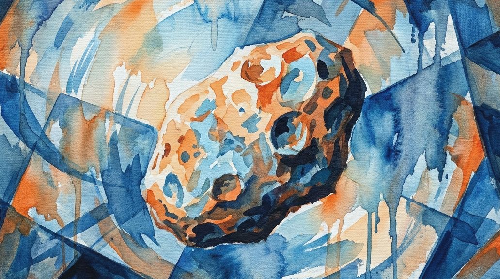 Swirling watercolor blues and oranges illustrate the chaotic rotation of the cratered moon Hyperion.