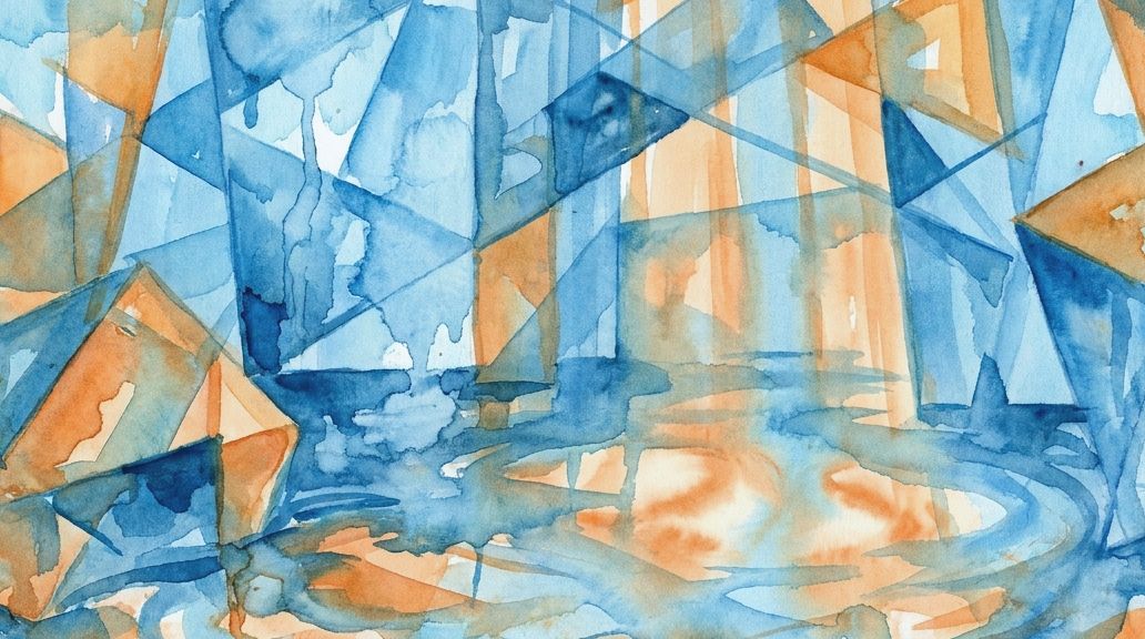 A watercolor painting of overlapping blue and orange fragments reflecting in a swirling pool of.