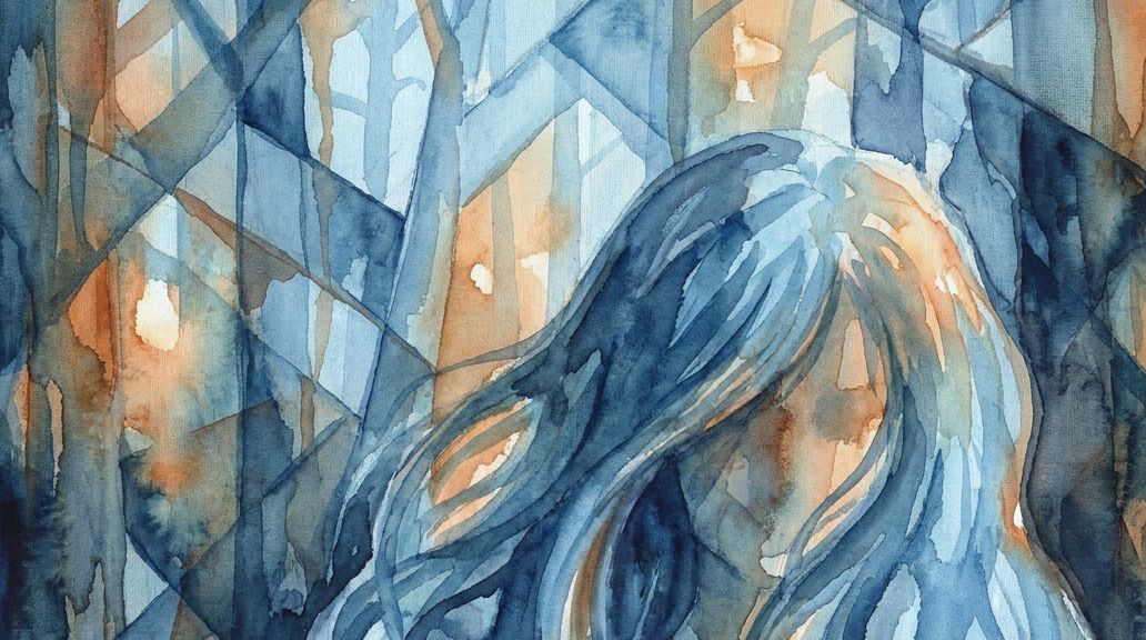 Watercolor illustration of a hairy figure, suggesting a werewolf, in indigo and orange hues.