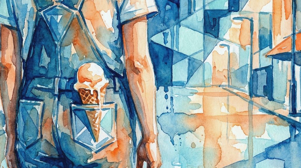 A watercolor in blues and oranges shows an ice cream in a pocket, related to an old law.