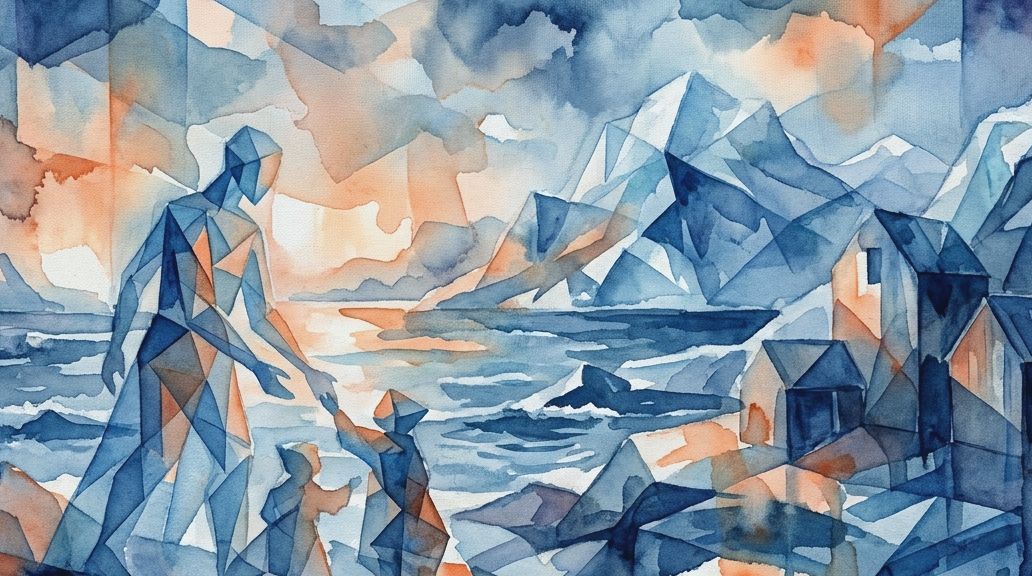 A faceted watercolor in blues and oranges shows a family by the sea, linked to Iceland naming law.