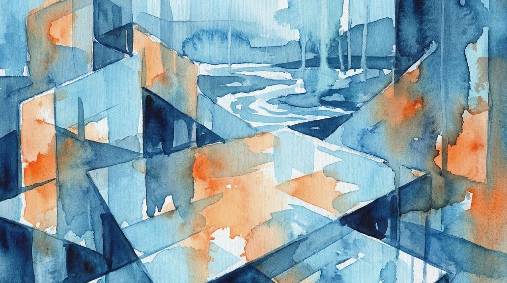 A watercolor abstract painting with blue and orange planes evokes the sensory flow of ideophones.