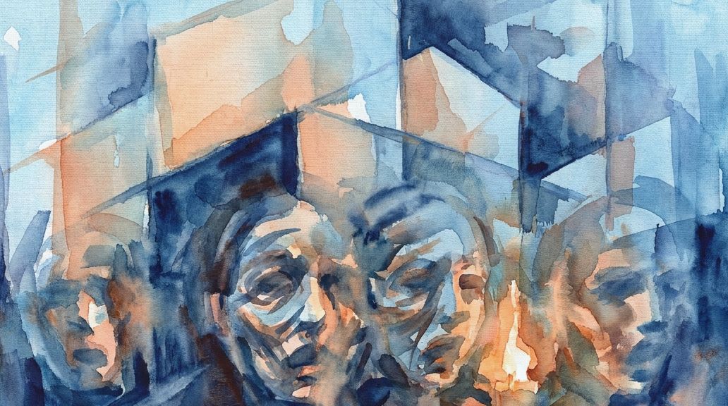 Layered watercolor washes in blues and oranges overlap indistinct faces, creating an obscured view.