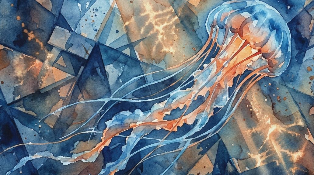 A watercolor painting of a jellyfish in deep blues and fiery oranges among fractured angular forms.