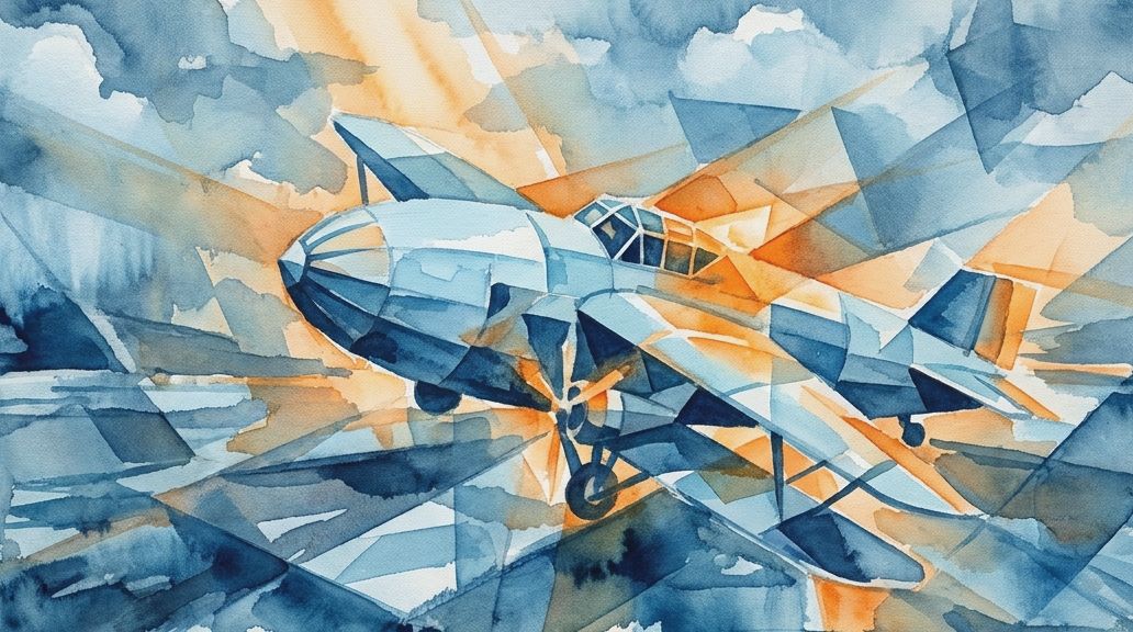 An abstract watercolor in blues and oranges depicts an experimental inflatable aircraft.