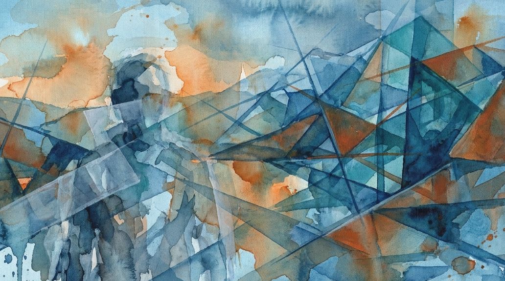 A watercolor abstract with deep blues and oranges evokes the Isdal Woman's mystery in a landscape.
