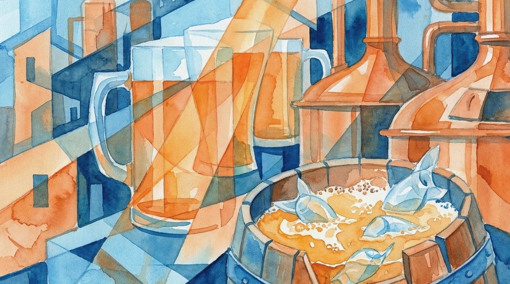 A fractured watercolor painting in blues and oranges shows fish fining a barrel of brewing liquid.