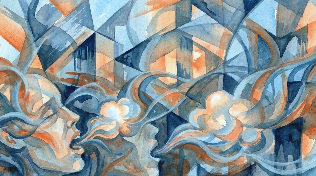 Two profile faces in blue and orange watercolor exhale swirling, aromatic cloud forms.