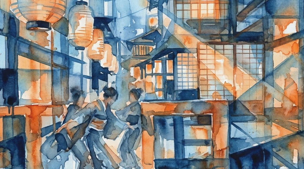 A deep blue and orange watercolor shows dancers in a Japanese street, perhaps defying a ban.