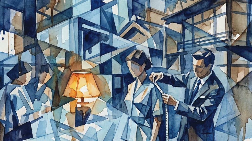 A watercolor in blues and oranges shows a tailor measuring a man in a fragmented architectural.