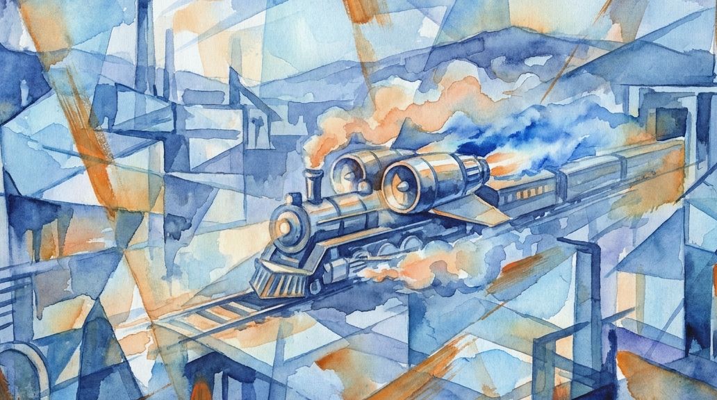 An angular watercolor of a jet-powered train moving through an industrial city in blues and oranges.