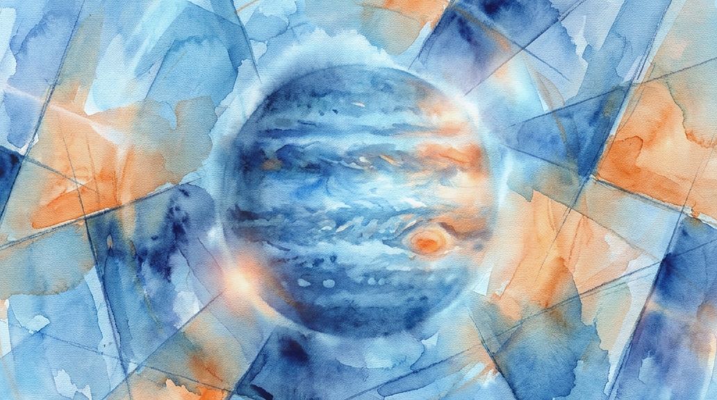 A watercolor painting of Jupiter with a diluted blue and orange core in an abstract sky.