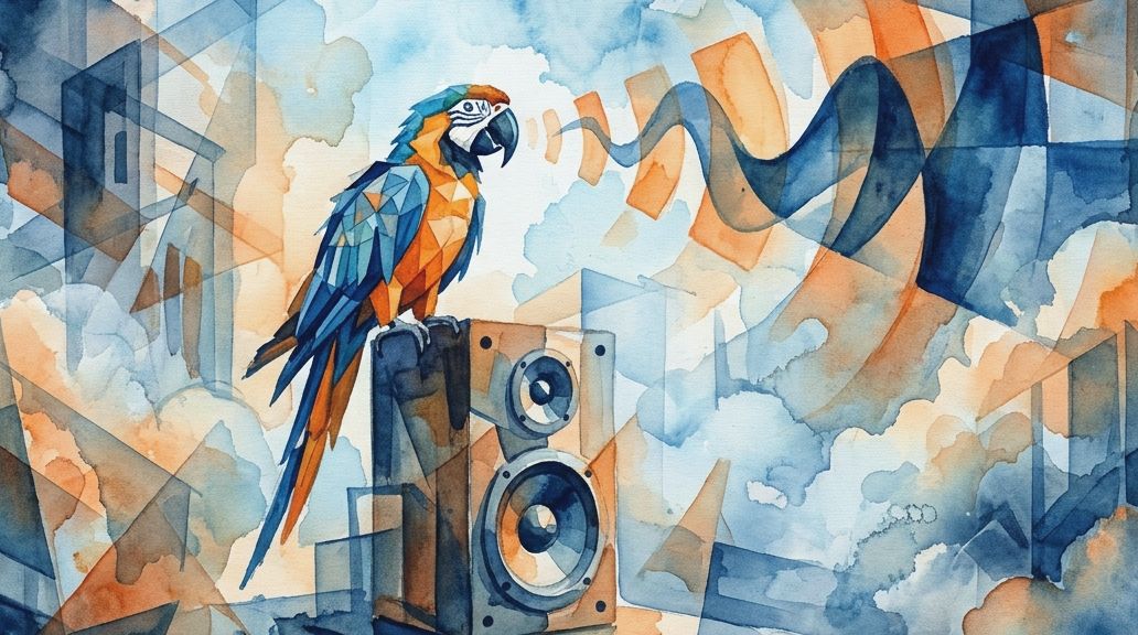 A watercolor illustration of a parrot booming sound waves from a speaker in blue and orange tones.