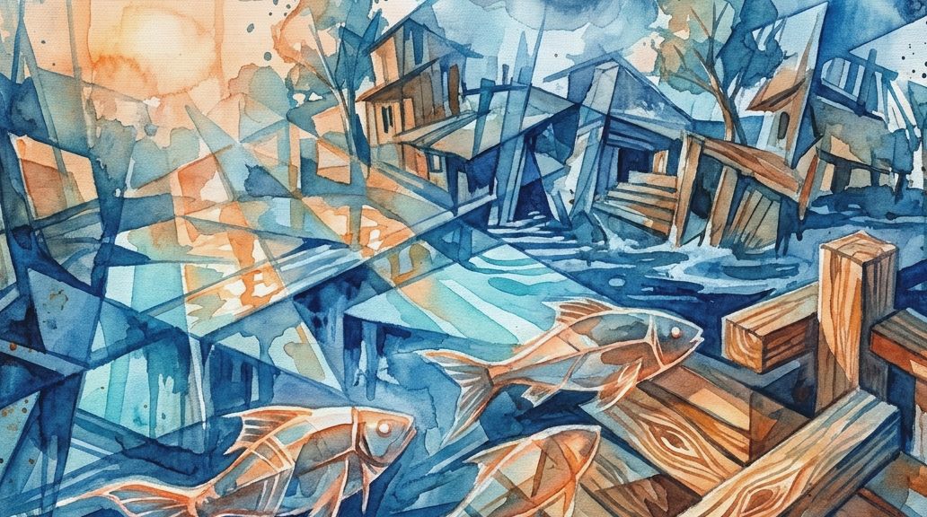 Watercolor in blues and oranges shows fish near wood, relevant to making katsuobushi bonito flakes.
