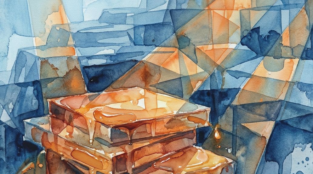 A watercolor painting in blues and oranges depicts stacked block forms, representing case stacking.