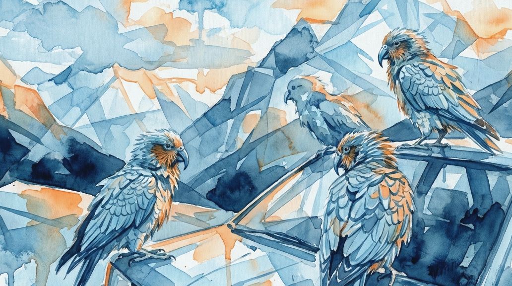 Four Kea birds sit on a car hood in a fractured blue and orange watercolor painting style.